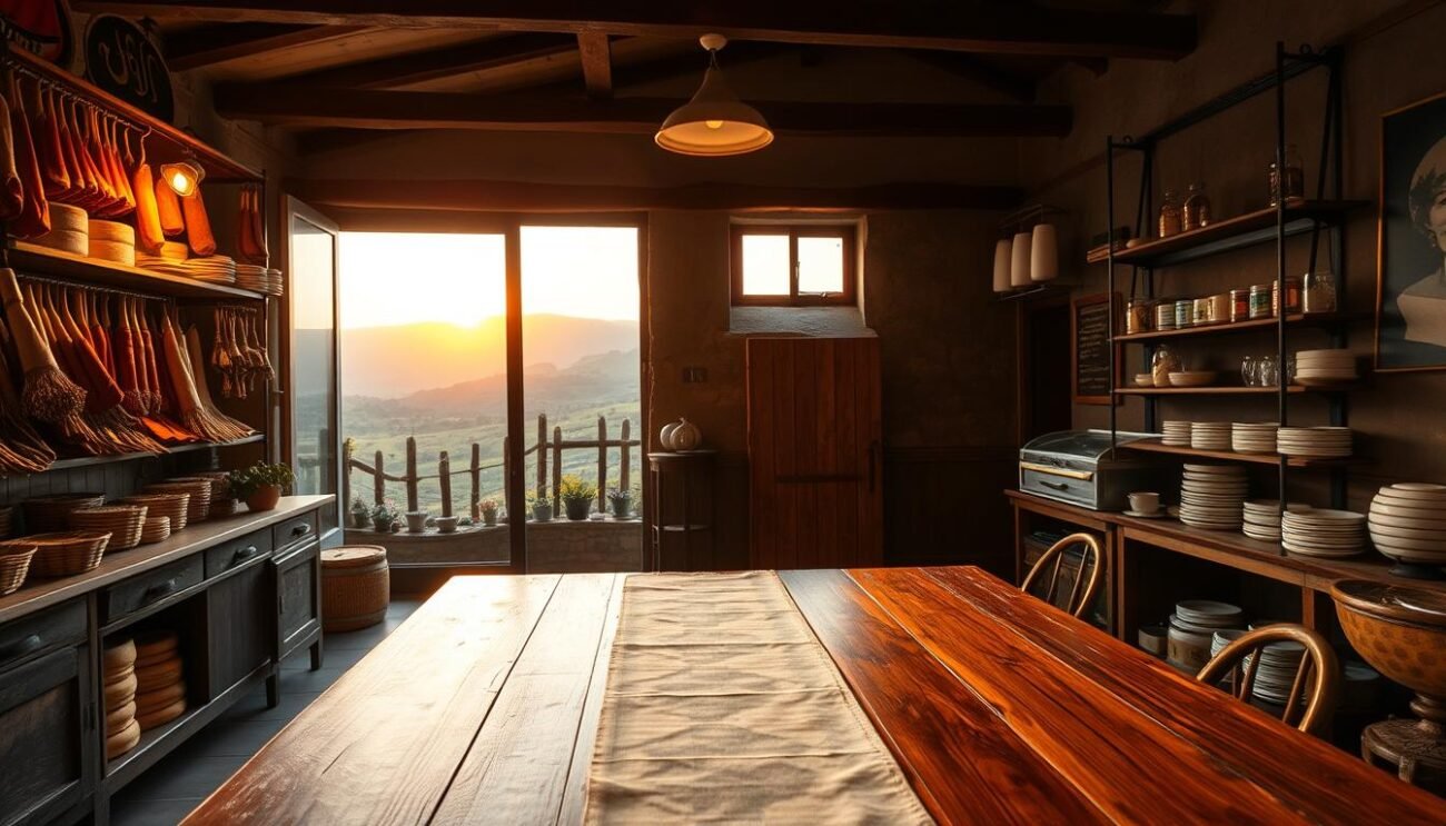 A cozy farmhouse nestled amidst the rolling hills of Lombardy, Italy. The warm glow of sunset filters through the windows, casting a golden hue over the well-stocked shelves of cured meats and cheeses. In the foreground, a polished wooden table is adorned with a simple yet elegant tablecloth, awaiting the arrival of a customer for a personalized delivery. The scene conveys a sense of local pride, sustainability, and the intimate connection between producer and consumer in a short food supply chain. The camera angle is slightly elevated, providing a panoramic view that captures the essence of this specialized, farm-to-table experience.