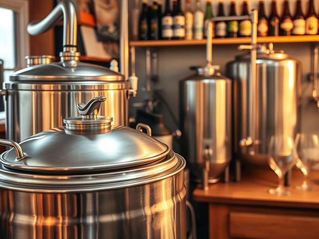 A cozy home-brewing setup, showcasing a range of essential equipment: a gleaming stainless steel brew kettle, a bubbling fermentation tank, and an array of bottles and glasses, all bathed in warm, golden lighting. The scene exudes a sense of craftsmanship and the satisfaction of creating something unique. The foreground features the brewing kettle, with its polished surface reflecting the light, while the background reveals a well-organized workbench, hinting at the attention to detail required for successful home brewing. The overall atmosphere conveys the joyful, hands-on experience of crafting your own delicious, personalized beer.