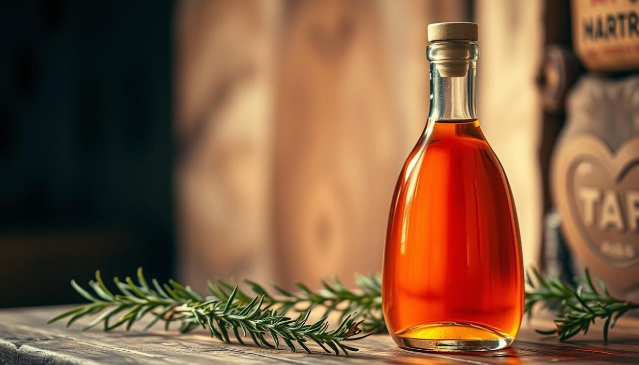 A cozy, intimate still life showcasing an artisanal herbal liqueur. The bottle stands prominently in the foreground, its amber liquid glistening under soft, warm lighting. Sprigs of herbs, such as rosemary and thyme, are arranged artfully around the bottle, hinting at the natural ingredients used in its production. In the middle ground, a wooden surface, perhaps a rustic table or a weathered bar top, provides a natural backdrop, highlighting the handcrafted nature of the liqueur. The background is softly blurred, suggesting a tranquil, atmospheric setting - perhaps a traditional Italian cellar or a quaint trattoria. The overall composition evokes a sense of heritage, craftsmanship, and the artisanal process of cold maceration that gives this liqueur its unique flavor profile.
