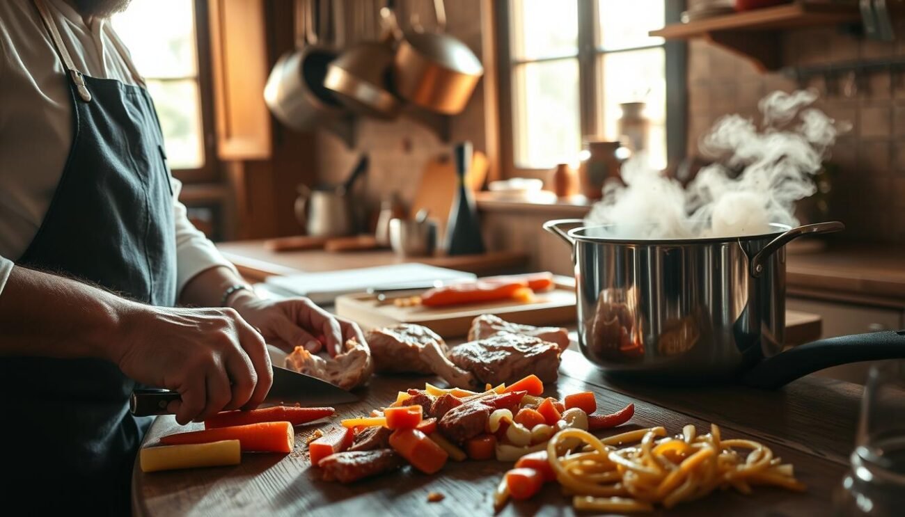 A cozy kitchen in the Tuscan countryside, sunlight streaming through the windows, illuminating the preparation of a traditional white rabbit ragù. On the wooden counter, a skilled chef carefully trims, seasons, and sears the tender rabbit meat, its aroma mingling with the earthy scents of carrots, onions, and celery. In the background, a bubbling pot simmers, the rich, creamy sauce slowly developing its depth of flavor. Pots and pans hang neatly above, casting gentle shadows onto the scene. The entire composition exudes a sense of rustic authenticity, capturing the essence of the "La Ricetta Tradizionale Step by Step" section of the article.