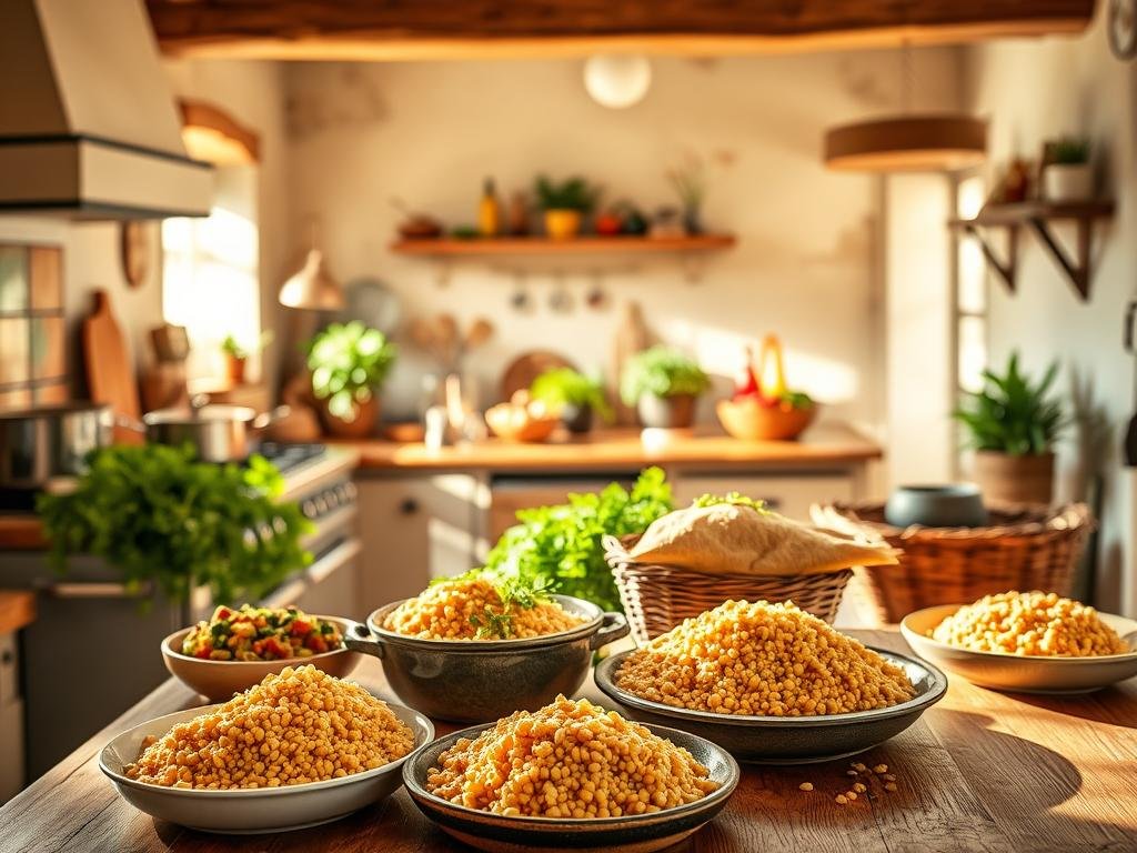 A cozy kitchen scene, bathed in warm, natural lighting. In the foreground, a wooden table is adorned with a variety of hearty, whole-grain dishes featuring golden, nutty-textured millet. Steaming pots and pans sit on the stove, emitting enticing aromas. In the middle ground, lush greenery and vibrant vegetables spill out from woven baskets, hinting at the fresh, wholesome ingredients used in the recipes. The background showcases a rustic, Italian-inspired interior, with exposed beams, terracotta tiles, and weathered, distressed walls that evoke a sense of tradition and homeliness. The overall atmosphere is one of comfort, nourishment, and a celebration of the versatility of wholesome, integral millet in the kitchen.