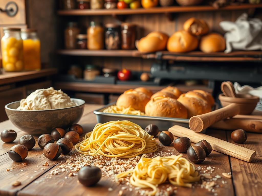 A cozy kitchen scene with a rustic wooden table, adorned with a variety of homemade pasta and baked goods made from chestnut flour. In the foreground, a bowl of freshly kneaded dough, and a scattering of roasted chestnuts. In the middle ground, a tray of golden-brown chestnut flour bread loaves, their crusts glistening. The background features a well-stocked pantry, shelves brimming with jars of preserved fruits and vegetables. The lighting is warm and inviting, casting a soft glow over the scene. The overall atmosphere evokes the comforting and traditional flavors of Lazio's regional cuisine.