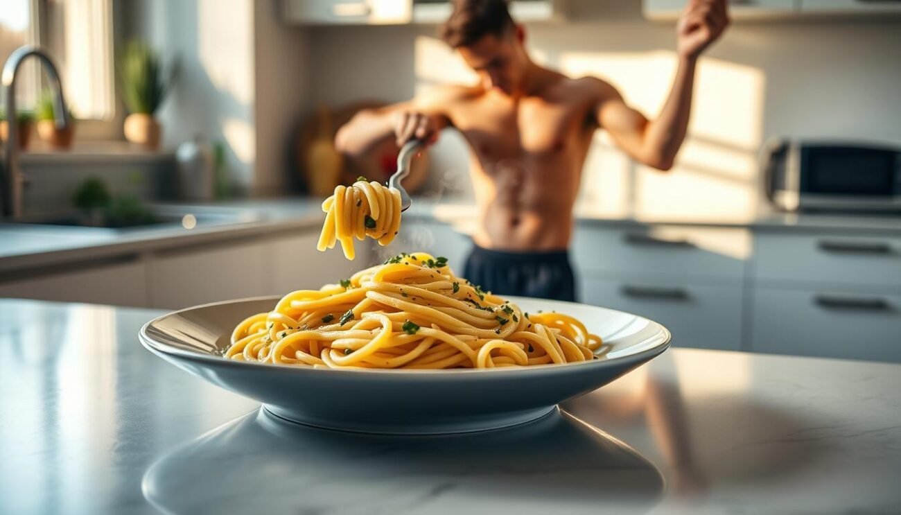 A cozy kitchen scene with a steaming plate of fresh pasta, fork held in hand. The pasta glistens with olive oil, flecked with herbs. In the background, a muscular athlete in workout gear stretches, basking in the warm lighting. Sleek kitchen countertops, a minimalist decor, and an overall sense of balance between fueling the body and fueling the mind. The lighting is soft and natural, highlighting the textures of the food and the athlete's physique. The composition is well-balanced, drawing the eye to the key elements - the pasta and the athlete in motion. A cozy kitchen scene with a steaming plate of fresh pasta, fork held in hand. The pasta glistens with olive oil, flecked with herbs. In the background, a muscular athlete in workout gear stretches, basking in the warm lighting. Sleek kitchen countertops, a minimalist decor, and an overall sense of balance between fueling the body and fueling the mind. The lighting is soft and natural, highlighting the textures of the food and the athlete's physique. The composition is well-balanced, drawing the eye to the key elements - the pasta and the athlete in motion.
