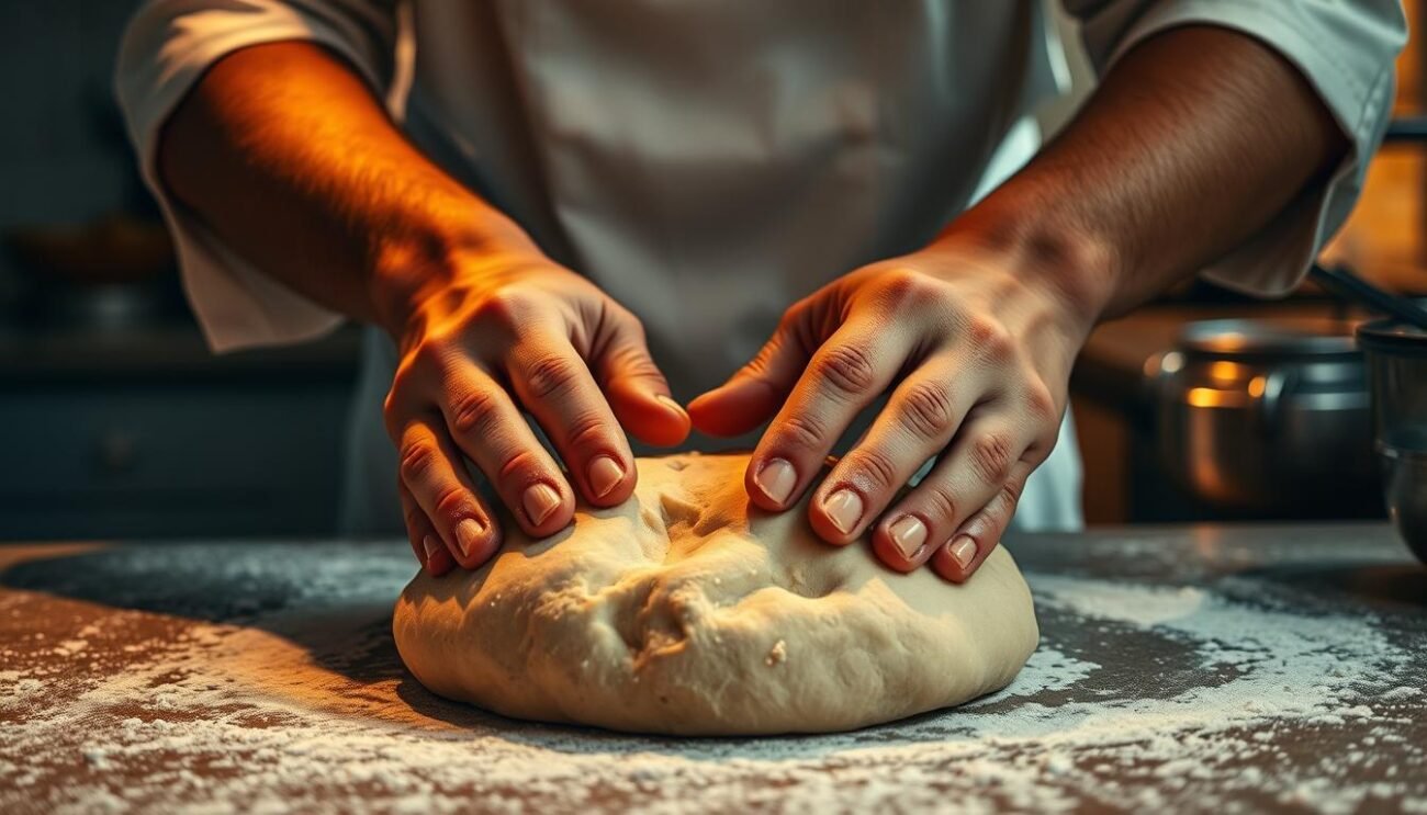 A cozy kitchen, warm light casting a golden glow, as a skilled chef expertly kneads the supple dough for a classic Genovese focaccia. Flour-dusted countertop, a drizzle of fragrant olive oil, and the rhythmic motion of hands gently shaping the pillowy foundation. Yeast blooms, the aroma of Italy's coastal region filling the air, anticipation building for the final masterpiece. Close-up framing emphasizes the hands' artistry, their practiced movements transforming simple ingredients into a culinary work of art. Rustic, yet refined, this image captures the essence of Genovese focaccia preparation - a time-honored tradition, elevated by passion and technique. A cozy kitchen, warm light casting a golden glow, as a skilled chef expertly kneads the supple dough for a classic Genovese focaccia. Flour-dusted countertop, a drizzle of fragrant olive oil, and the rhythmic motion of hands gently shaping the pillowy foundation. Yeast blooms, the aroma of Italy's coastal region filling the air, anticipation building for the final masterpiece. Close-up framing emphasizes the hands' artistry, their practiced movements transforming simple ingredients into a culinary work of art. Rustic, yet refined, this image captures the essence of Genovese focaccia preparation - a time-honored tradition, elevated by passion and technique.