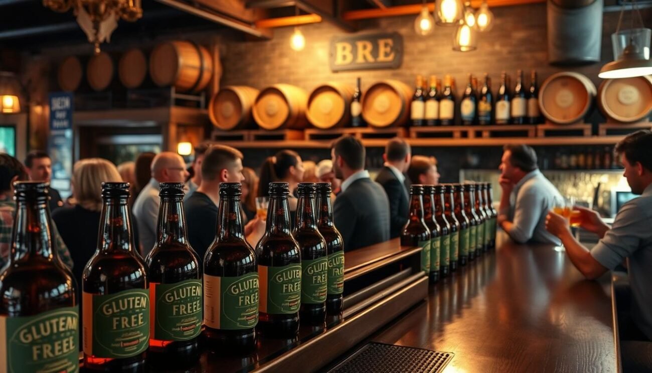 A cozy pub interior with a rustic, inviting ambiance. On the bar, rows of amber-hued beer bottles catch the soft, warm lighting, their labels proudly displaying "Gluten-Free." Patrons enjoy conversations over the clink of glasses, the air filled with the aroma of freshly poured craft brews. In the background, wooden barrels and shelves stocked with a variety of gluten-free beer styles create a sense of tradition and expertise. The scene conveys a welcoming, inclusive atmosphere where everyone can savor the delights of exceptional gluten-free beer.