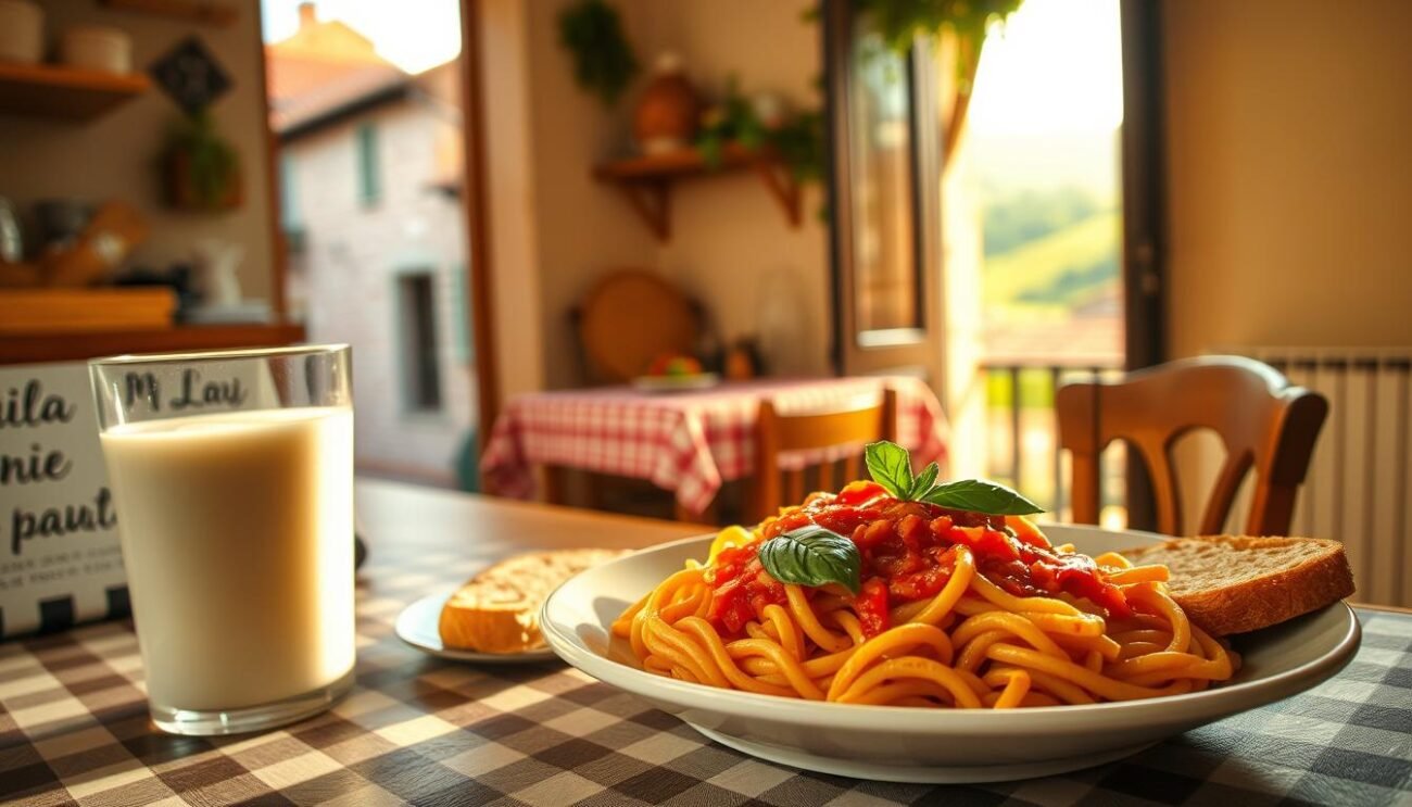 A cozy, rustic kitchen filled with the aroma of freshly cooked pasta. In the foreground, a plate of vibrant, al dente pasta in a light tomato sauce, garnished with fresh basil leaves. On the table, a glass of milk and a piece of warm, crusty bread. In the middle ground, a child-sized table setting with a checkered tablecloth and a small, wooden chair. The background features a warm, sun-dappled window overlooking a quaint Italian street, with terracotta rooftops and a glimpse of a rolling, verdant landscape beyond. The lighting is soft and golden, creating a welcoming, familial atmosphere.