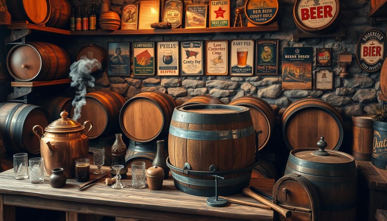 A cozy, rustic scene depicting the history and process of beer fermentation. In the foreground, a traditional wooden cask sits atop a weathered wooden table, steam gently rising from the opening. Surrounding it, an assortment of vintage brewing equipment - a copper kettle, glass beakers, and old-fashioned wooden tools. The middle ground features shelves lined with aging barrels, casting warm, amber-hued lighting across the scene. In the background, a stone wall adorned with antique beer advertisements and memorabilia, hinting at the centuries-old tradition of this beloved beverage. The overall mood is one of history, craftsmanship, and the allure of the fermentation process that gives birth to the diverse world of beer.