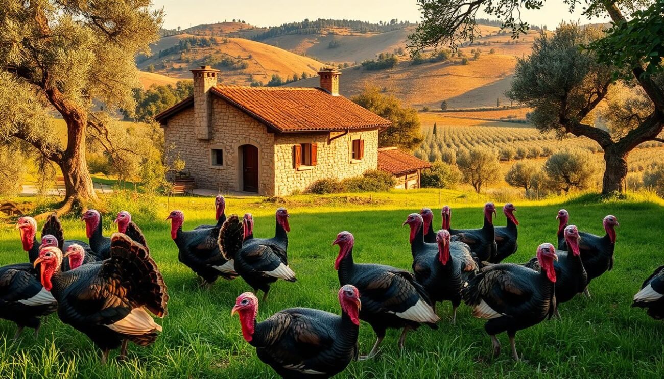 A cozy, rustic scene in the Italian countryside, showcasing the traditional raising of turkeys. In the foreground, a flock of majestic, bronze-feathered turkeys roam freely, grazing on lush, verdant grass. The middle ground features a charming, stone farmhouse, its terracotta roof glistening in the warm, golden sunlight. In the background, rolling hills dotted with olive trees and vineyards create a picturesque, pastoral backdrop. The overall atmosphere is one of tranquility and timeless tradition, capturing the essence of the Italian turkey's origins and the rich heritage behind this beloved dish. A cozy, rustic scene in the Italian countryside, showcasing the traditional raising of turkeys. In the foreground, a flock of majestic, bronze-feathered turkeys roam freely, grazing on lush, verdant grass. The middle ground features a charming, stone farmhouse, its terracotta roof glistening in the warm, golden sunlight. In the background, rolling hills dotted with olive trees and vineyards create a picturesque, pastoral backdrop. The overall atmosphere is one of tranquility and timeless tradition, capturing the essence of the Italian turkey's origins and the rich heritage behind this beloved dish.
