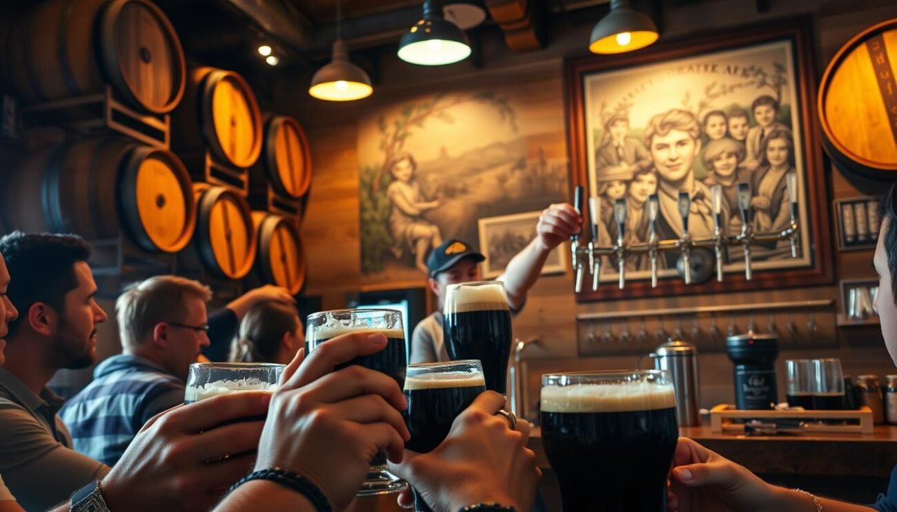 A cozy taproom filled with the rich aroma of freshly poured craft beers. Wooden barrels and taps line the rustic shelves, casting warm amber hues throughout the space. In the foreground, a group of friends raise their glasses, savoring the complex flavors of an artisanal stout - its creamy texture and hints of roasted malt dancing on their palates. In the middle ground, a skilled bartender pours a perfect pour of a robust porter, the cascading foam settling into a deep ebony hue. The background showcases a mural depicting the brewery's heritage, hops and barley vines twisting around vintage imagery. The overall scene exudes a convivial atmosphere, celebrating the art and tradition of small-batch, handcrafted beer experiences.