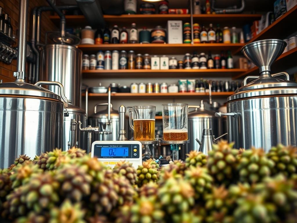 A cozy, well-equipped brewing station filled with an array of stainless steel vessels, funnels, and measuring tools. The foreground showcases an assortment of fragrant hop cones, while the middle ground features a precise digital scale and a beaker filled with a clear liquid, indicating the careful measurement of dry hop dosages. The background reveals shelves stocked with various beer-making supplies, creating a harmonious scene that embodies the art of dry hopping and the attention to detail required for crafting aromatic, flavorful brews. The lighting is soft and warm, evoking a sense of expertise and dedication in the creation of these specialty beers.