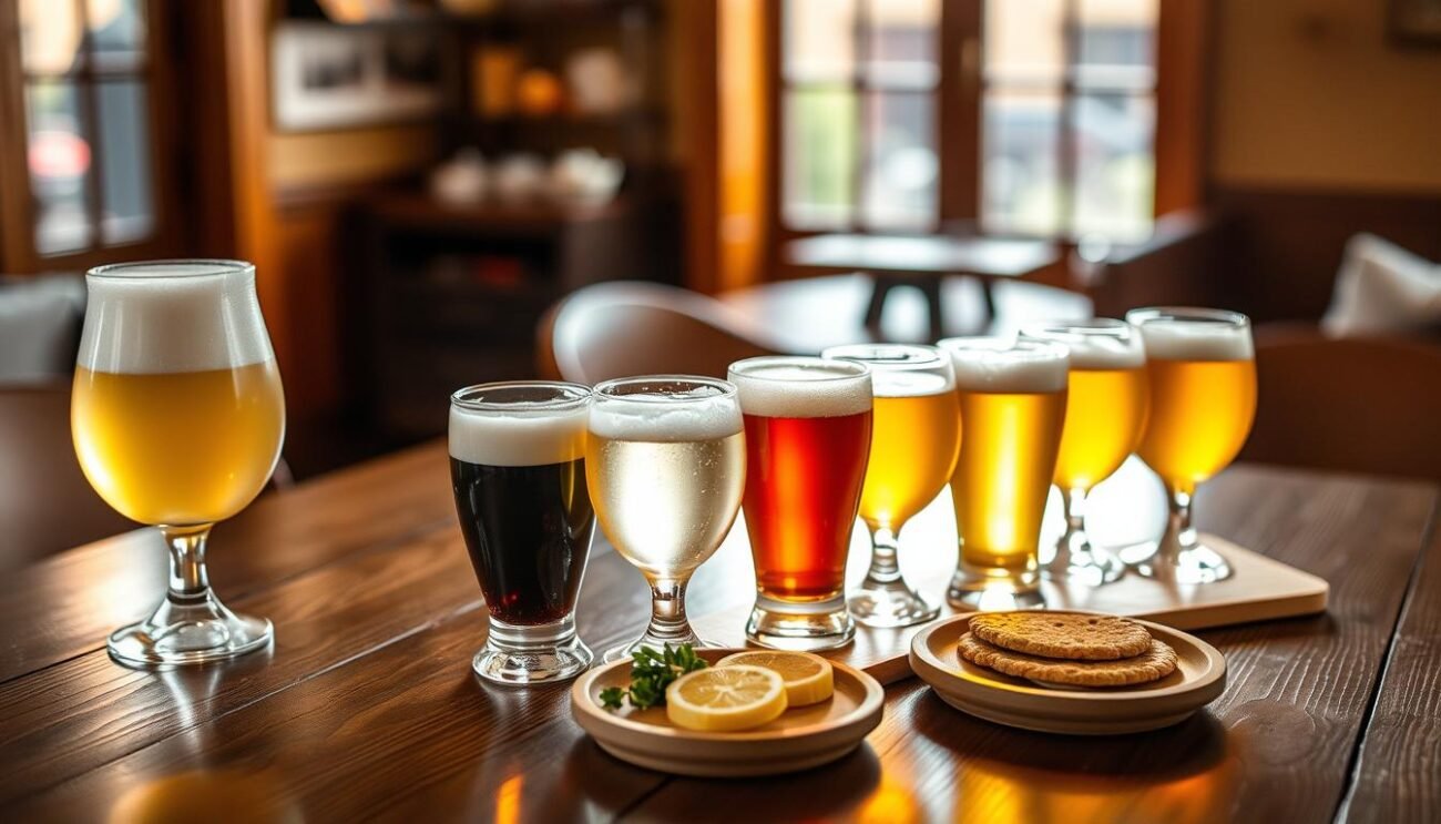 A cozy, well-lit indoor setting featuring a wooden tabletop with an artful display of various wheat beer samples. In the foreground, a variety of glassware showcases the distinct colors and foam textures of the different wheat beer styles - Weiss, Wit, and Blanche. The middle ground has small plates with accompanying food pairings, such as fresh citrus slices, herbs, and crackers, to enhance the tasting experience. The background is softly blurred, creating a sense of focus on the central tasting setup. Warm, natural lighting casts a golden glow, evoking a welcoming, refined atmosphere perfect for an immersive wheat beer tasting.