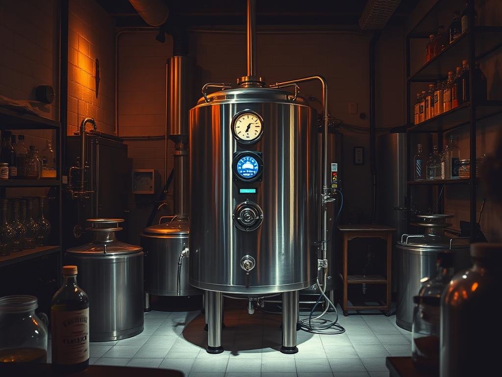 A cozy yet professional laboratory setting, dimly lit with warm amber tones. A stainless steel fermentation tank stands prominently, its temperature gauge and control panel illuminated, monitoring the critical primary fermentation process. Intricate glassware and brewing equipment surround the tank, hinting at the artisanal craft at work. The scene evokes a sense of precision, tradition, and the dedication required to produce exceptional beer. The overall atmosphere is one of quiet contemplation, where the science and skill of the brewer converge to create a masterpiece.