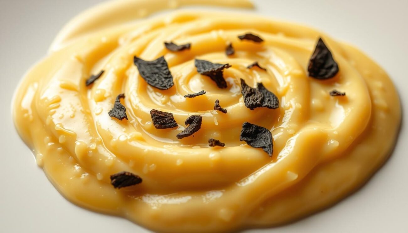 A creamy, golden-hued sauce made from freshly grated Parmigiano Reggiano cheese, topped with delicate shavings of earthy black truffles. The sauce glistens under the soft, warm lighting, inviting a taste of its rich, indulgent flavors. The medium shot showcases the sauce's silky texture, with the truffle shavings adding a luxurious touch. The image is presented against a simple, elegant backdrop, allowing the focus to remain on the exquisite parmigiano and truffle sauce.