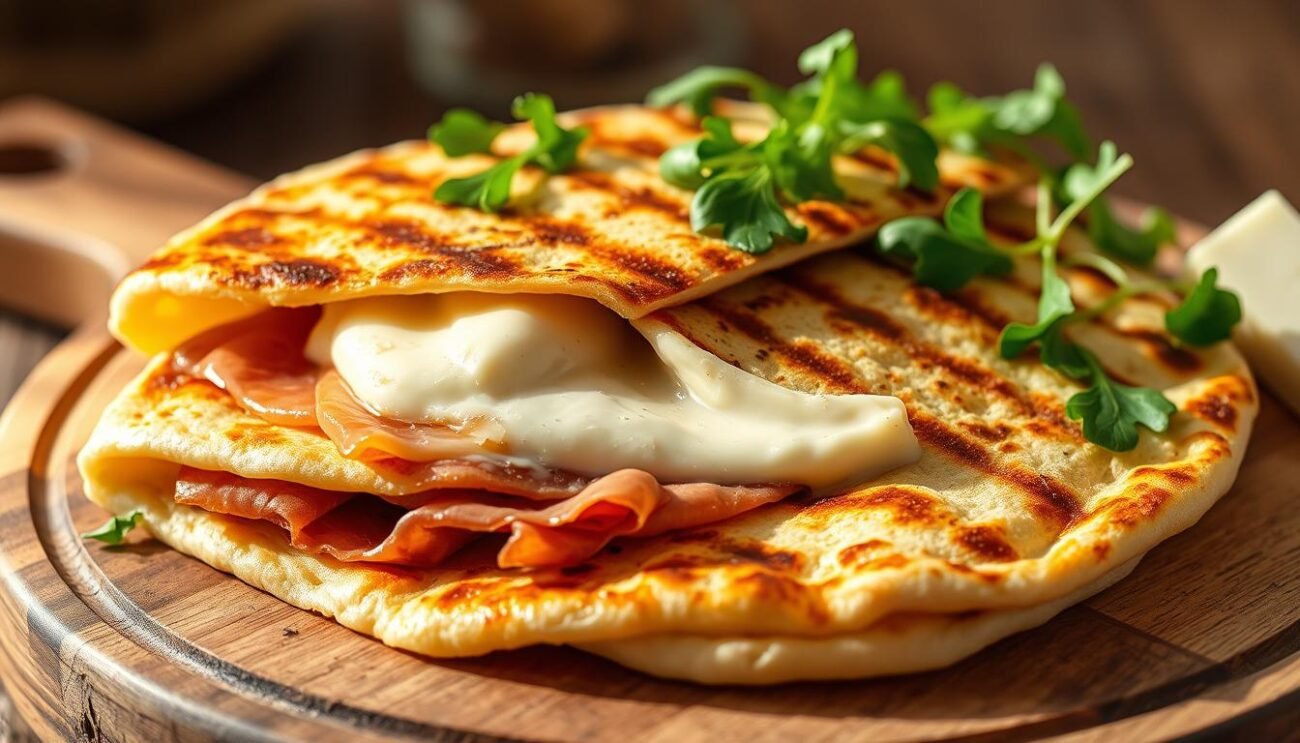 A delectable Piadina romagnola, its rustic dough grilled to a golden-brown perfection, nestled within its flaky layers a rich, creamy filling. Warm, savory aromas waft through the air, enticing the senses. The piadina rests upon a wooden board, complemented by fresh, vibrant ingredients like prosciutto, creamy stracchino cheese, and a scattering of peppery arugula leaves. Soft, natural lighting casts a warm glow, highlighting the textures and inviting the viewer to imagine the satisfying crunch and melt-in-your-mouth flavors of this quintessential Emilian speciality.