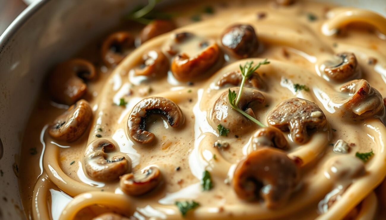 A delectable mushroom-infused sauce, velvety with a touch of cream, glistening in the soft, diffused light. Earthy porcini mushrooms sautéed with garlic and herbs, their savory essence infusing the creamy base. Swirls of panna delicately folding into the sauce, creating a harmonious blend of flavors. The scene is set against a backdrop of rustic Italian ambiance, hinting at the comforting tradition behind this dish. A high-angle shot captures the sauce's alluring texture and color, inviting the viewer to savor each bite of this tempting variation on a classic.