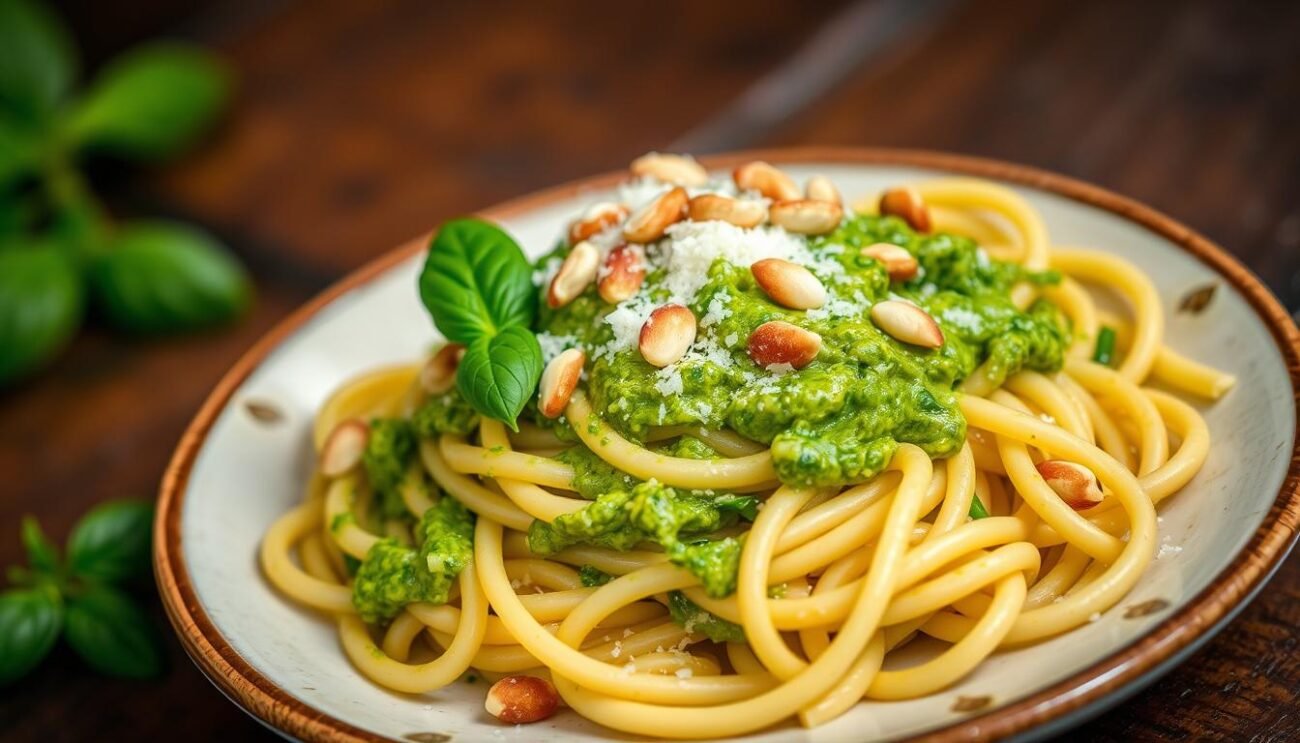 A delectable plate of Pasta con Pesto di Fave, a classic Southern Italian specialty. Freshly cooked al dente pasta, twirled and nestled beneath a vibrant green pesto made from lush, creamy fava beans, fragrant basil, nutty Parmesan, and a drizzle of golden olive oil. The pesto's velvety texture clings to each strand, creating a harmonious blend of flavors. Garnished with a sprinkling of toasted pine nuts and a scattering of fresh basil leaves, this dish evokes the sun-drenched landscapes of Italy's southern regions. Captured in warm, soft lighting that accentuates the dish's inviting colors and textures, the image invites the viewer to savor the authentic taste of "Ricette con il Pesto di Fave".