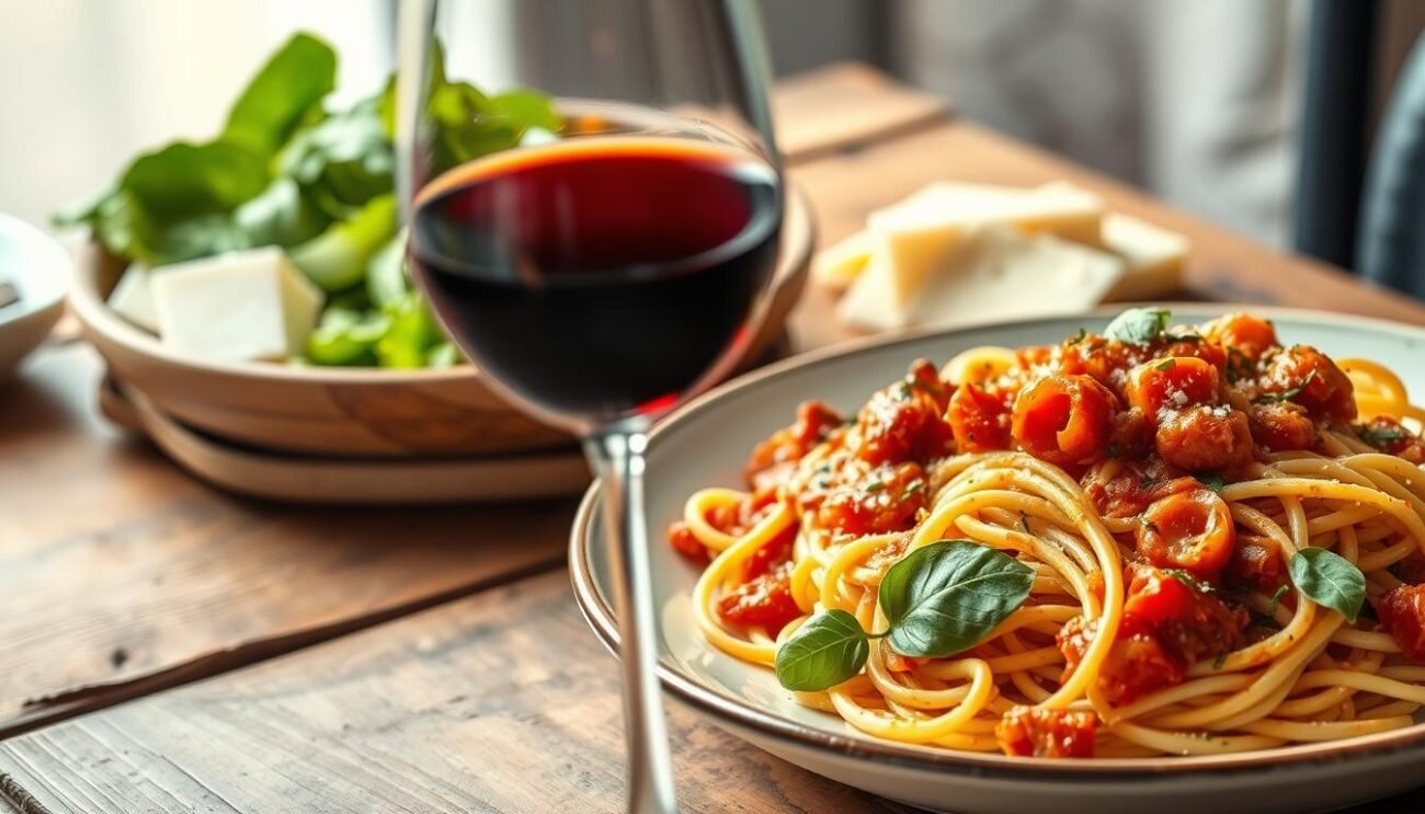 A delectable plate of fresh pasta, expertly crafted with high-quality ingredients, sits atop a rustic wooden table. The pasta is adorned with a vibrant tomato-based sauce, infused with aromatic herbs and spices. In the foreground, a glass of red wine casts a warm, inviting glow, complementing the earthy tones of the dish. The middle ground features a selection of wholesome, heart-healthy accompaniments, such as a crisp green salad and a sprinkle of grated Parmesan cheese. The background is softly blurred, emphasizing the focus on the balanced, nutritious meal. The lighting is natural and diffuse, creating a cozy, inviting atmosphere, perfect for savoring a comforting and cholesterol-conscious Italian dining experience.