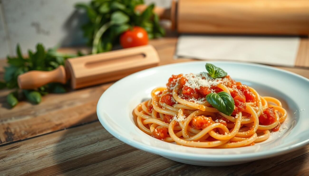 A delectable plate of freshly cooked pasta, glistening with a light tomato-based sauce, garnished with a sprinkling of grated Parmesan cheese and a few fragrant basil leaves. The portion size is perfectly balanced, not too small or too large, presented on a pristine white ceramic dish against a backdrop of a rustic Italian kitchen counter, with a vintage rolling pin and a bundle of Italian herbs in the distance. The lighting is soft and diffused, casting a warm glow on the scene, creating an inviting and mouthwatering atmosphere.