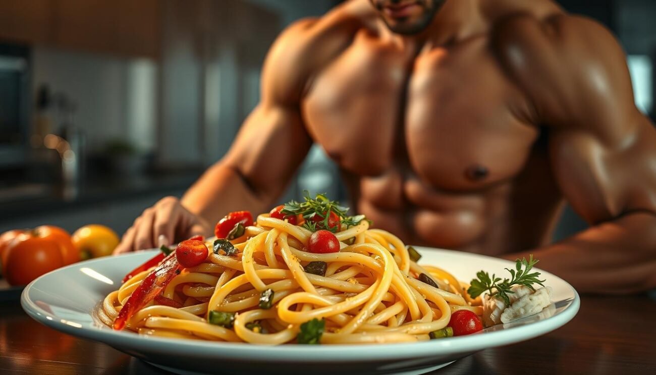 A delectable plate of freshly cooked pasta, glistening with olive oil and adorned with vibrant vegetables, sits before a muscular athlete. The lighting casts a warm, golden glow, highlighting the rich textures and enticing aromas. In the background, a sleek, modern kitchen sets the stage, conveying a sense of health, vitality, and athletic performance. The composition emphasizes the perfect timing for athletes to indulge in this carbohydrate-rich meal, fueling their bodies for the demands of their sport. The overall scene exudes a balanced, energetic, and nourishing atmosphere. A delectable plate of freshly cooked pasta, glistening with olive oil and adorned with vibrant vegetables, sits before a muscular athlete. The lighting casts a warm, golden glow, highlighting the rich textures and enticing aromas. In the background, a sleek, modern kitchen sets the stage, conveying a sense of health, vitality, and athletic performance. The composition emphasizes the perfect timing for athletes to indulge in this carbohydrate-rich meal, fueling their bodies for the demands of their sport. The overall scene exudes a balanced, energetic, and nourishing atmosphere.