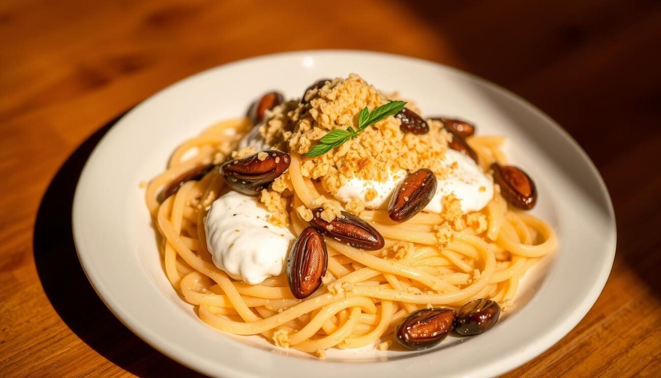 A delectable plate of pasta burrata e acciughe, with a golden brown pangrattato topping. The silky, creamy burrata cheese nestled amongst the tender pasta, complemented by the briny, umami-rich anchovy fillets. A light dusting of toasted breadcrumbs adds a delightful crunch, balancing the richness of the dish. Warm lighting casts a cozy glow, drawing the viewer's attention to the intricate interplay of textures and flavors. The composition is carefully arranged, showcasing the dish's rustic elegance and the bold, audacious flavors that define this regional Italian specialty.