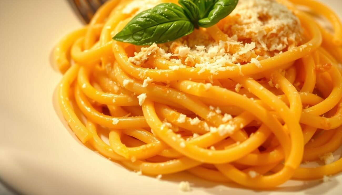 A delectable plate of pasta, its surface glistening with a rich, creamy sauce. Shadows dance across the contours, highlighting the perfectly al dente texture of the noodles. A sprinkle of freshly grated Parmesan adds a savory, nutty aroma, while a sprig of fragrant basil lends a vibrant pop of green. The lighting is soft and warm, evoking the cozy atmosphere of an Italian trattoria. The image conveys the indulgent pleasure of a well-crafted pasta dish, inviting the viewer to imagine the flavors and textures that await.