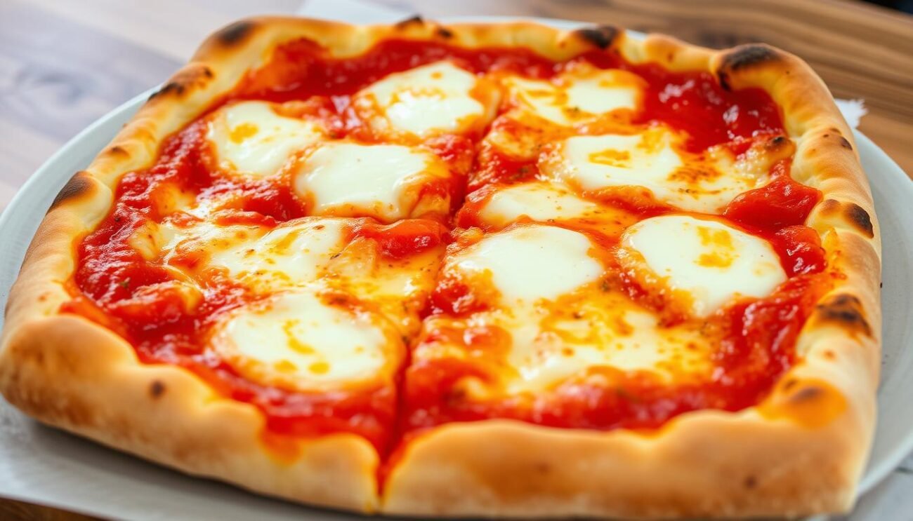 A delectable square-shaped pizza, the "Pizza al padellino torinese" boasts a thick, golden-brown crust, crispy on the edges yet soft and pillowy in the center. Oozing with melted mozzarella and topped with a vibrant tomato sauce, this regional specialty from Turin, Northern Italy, exudes the comforting flavors of traditional Italian cuisine. Captured in natural lighting, the pizza appears freshly baked, its aroma beckoning the senses. The image conveys the rustic charm and culinary excellence of Northern Italy's gastronomic heritage.