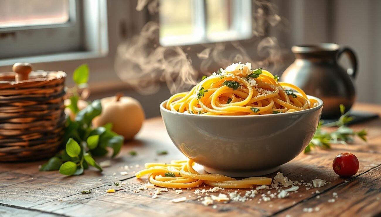 A delectable still life of a hearty bowl of pasta, steaming and inviting, gracing a rustic wooden table. The pasta, twirled with care, is adorned with a vibrant array of fresh herbs, a drizzle of golden olive oil, and a sprinkle of Parmesan shavings. Soft morning light filters through a nearby window, casting a warm glow over the scene. The setting evokes the comforts of an Italian breakfast, nourishing both body and soul. A testament to the versatility and health benefits of this beloved staple, ready to power the day ahead.