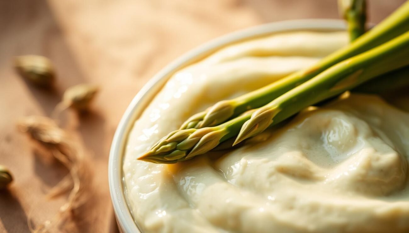 A delicate, creamy asparagus puree, glistening with a velvety sheen, set against a backdrop of soft, earthy tones. Freshly harvested asparagus spears, their vibrant green hues complemented by the rich, indulgent creaminess of mascarpone cheese. The scene is bathed in warm, golden light, creating a comforting and inviting atmosphere. Captured from a close-up angle, the texture and luxurious consistency of the crema asparagi are showcased in vivid detail, enticing the viewer to indulge in this delicate and flavorful springtime dish.