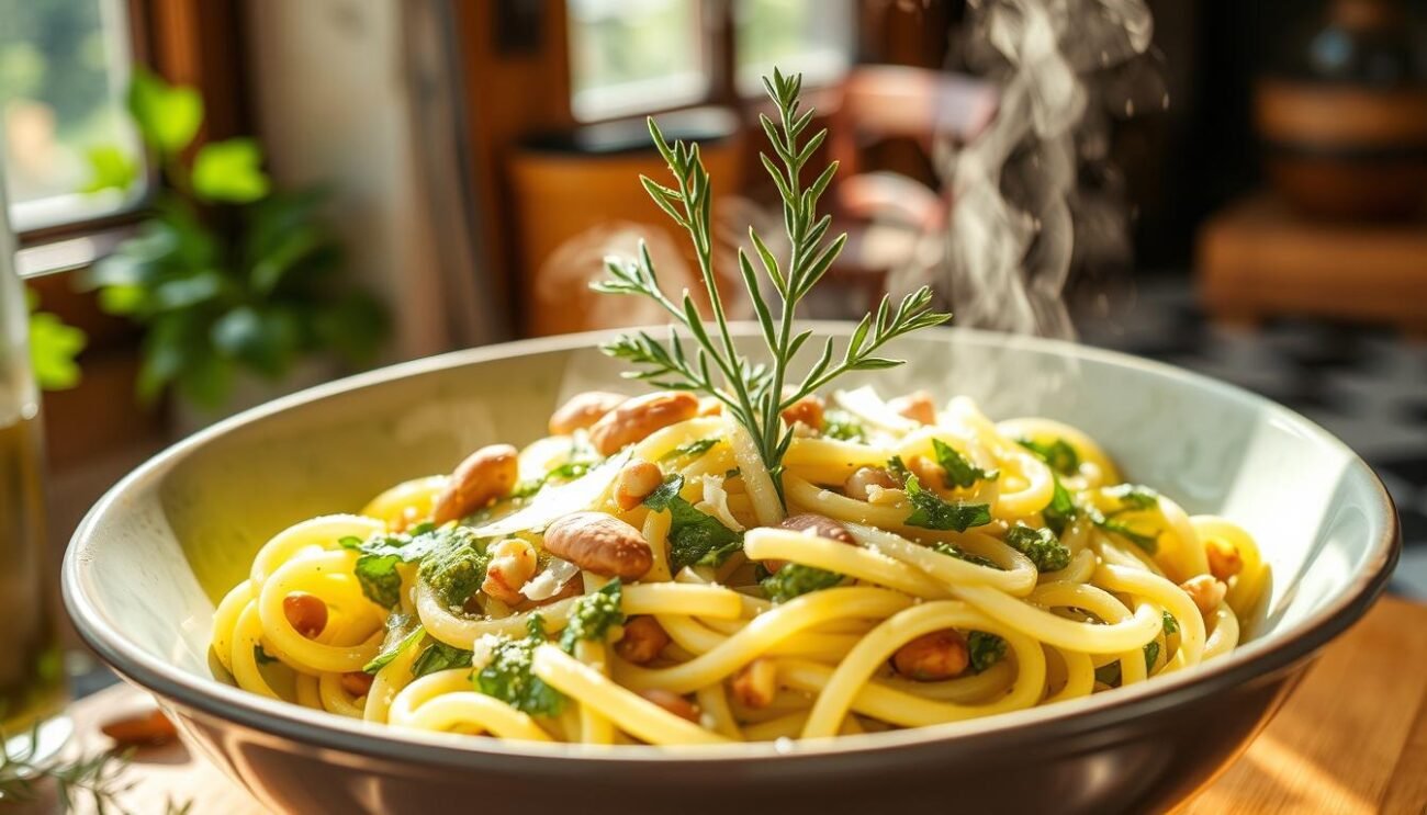 A delicate, vibrant pesto made from wild fennel fronds, tossed with fresh pasta in a sun-dappled Italian kitchen. The fennel's licorice notes dance across the palate, complemented by the richness of olive oil, the bite of Parmesan, and the crunch of toasted pine nuts. Dappled sunlight filters through the window, casting a warm glow on the steaming bowl, while a sprig of fennel leaves adds a final touch of rustic elegance. The scene evokes the flavors and aromas of the Sicilian countryside, inviting the viewer to indulge in this authentic, homemade delight.