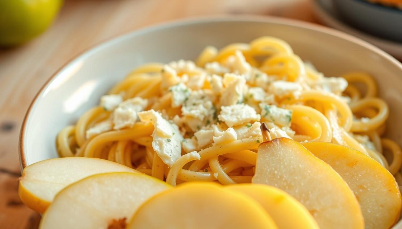 A delicious bowl of freshly cooked pasta, tossed with creamy gorgonzola cheese and juicy, ripe pears. The pasta glistens under the warm, golden light, inviting the viewer to take a bite. In the foreground, sliced pears are artfully arranged, their vibrant colors and soft texture contrasting with the richness of the gorgonzola. The background features a simple, rustic setting, perhaps a wooden table or a kitchen counter, adding to the homemade, comforting feel of the dish. The overall composition is balanced and visually appealing, capturing the perfect harmony of sweet and savory flavors that characterize this classic Italian pasta dish.