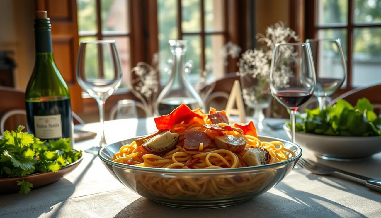 A delightful Italian countryside scene, sunlight filtering through the windows, illuminating a table laden with a steaming dish of fresh pasta. Thick slices of crispy pancetta and tender artichoke hearts mingle with al dente noodles, the aroma enticing. A carafe of robust red wine, two elegant glasses, and a simple green salad complete the harmonious pairing. The overall mood is one of rustic sophistication, inviting the viewer to savor this mouthwatering culinary delight. A delightful Italian countryside scene, sunlight filtering through the windows, illuminating a table laden with a steaming dish of fresh pasta. Thick slices of crispy pancetta and tender artichoke hearts mingle with al dente noodles, the aroma enticing. A carafe of robust red wine, two elegant glasses, and a simple green salad complete the harmonious pairing. The overall mood is one of rustic sophistication, inviting the viewer to savor this mouthwatering culinary delight.