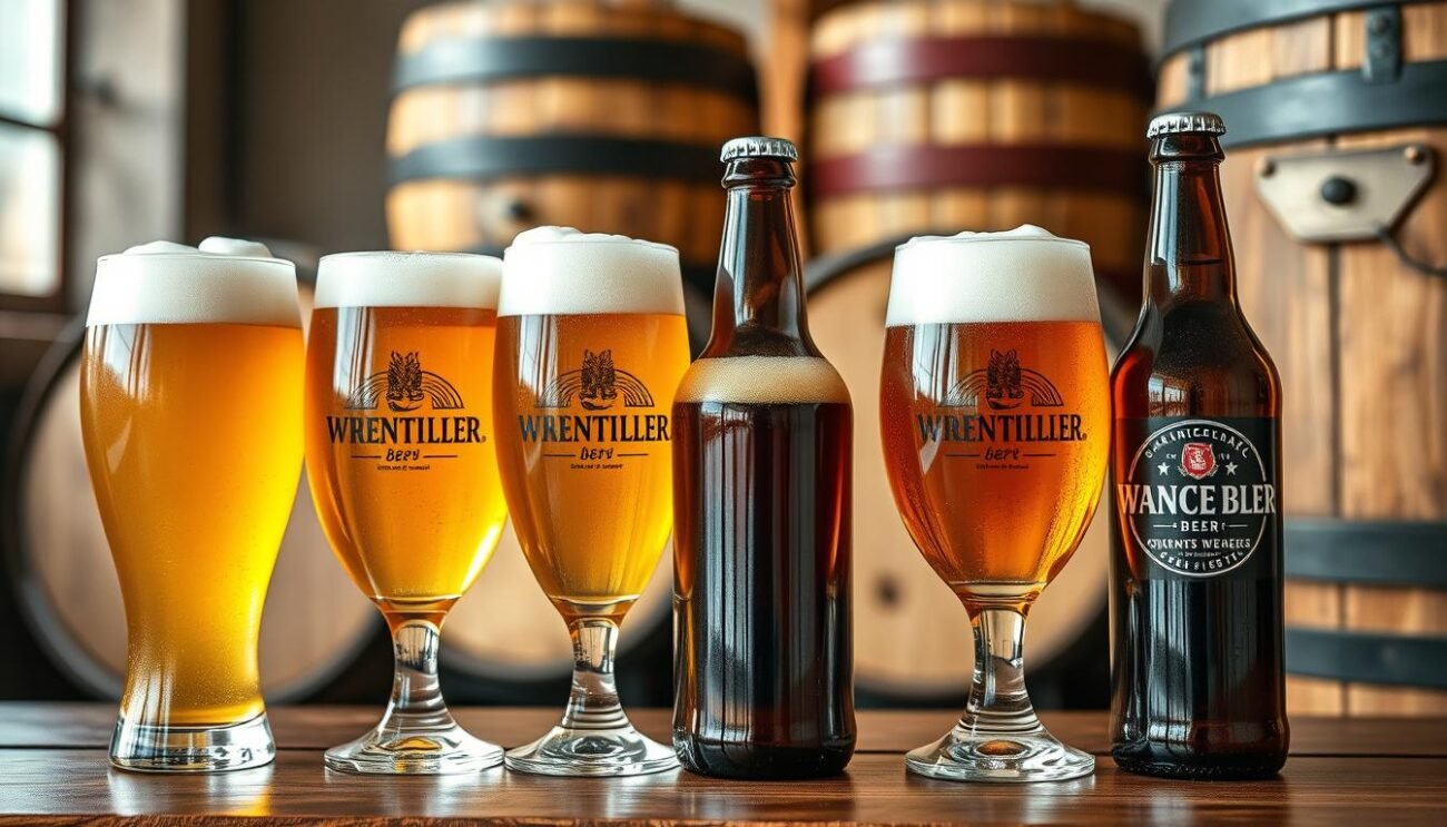 A delightful array of wheat beer variations, each with its own distinct character and hue. Crisp golden hues, effervescent heads, and a subtle interplay of malts and spices. Elegant glassware captures the artistry, while natural lighting highlights the beer's captivating transparency. Wooden barrels and earthy tones evoke a rustic, artisanal ambiance, inviting the viewer to savor the nuanced flavors of these captivating wheat beer styles.