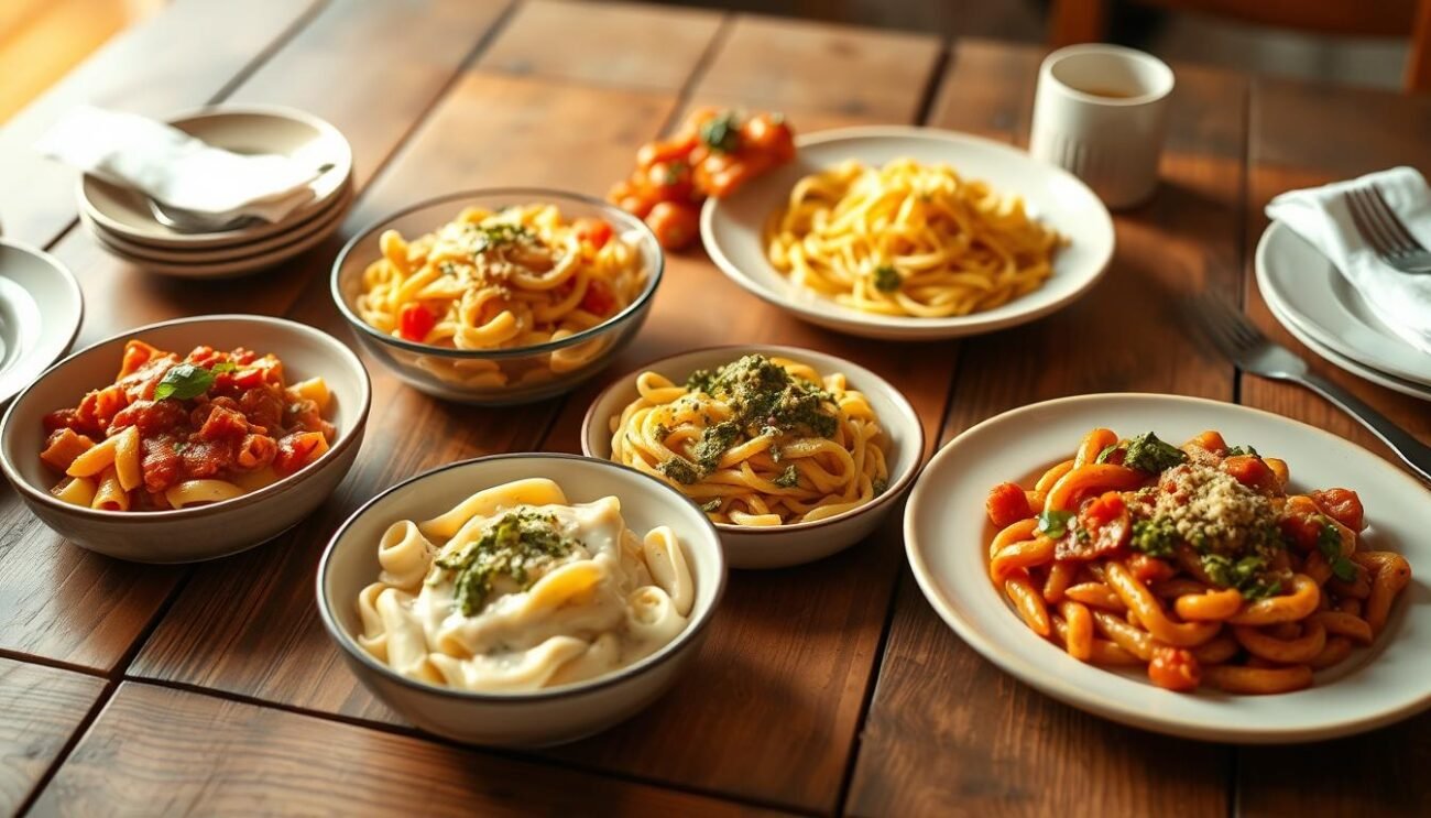 A delightful assortment of perfectly portioned pasta dishes for children, presented on a rustic wooden table. Vibrant hues of tomato sauce, creamy Alfredo, and vibrant green pesto adorn the youthful servings, each tailored to the specific nutritional needs of growing youngsters. Soft, golden lighting casts a warm glow, inviting the viewer to imagine the joyful family mealtime. The composition is balanced, with the pasta dishes taking center stage, surrounded by simple yet elegant tableware. The overall atmosphere is one of wholesome, Italian-inspired nourishment, perfectly capturing the essence of the "Porzioni di Pasta per Bambini: Guida per Età" section.