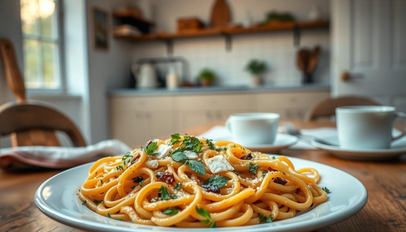 A delightful breakfast scene of a hearty whole wheat pasta dish, illuminated by the warm glow of natural light. In the foreground, a steaming plate of al dente pasta, dressed with a vibrant array of fresh herbs, a drizzle of olive oil, and a sprinkle of Parmesan. In the middle ground, a rustic wooden table, adorned with a simple linen tablecloth and a freshly brewed cup of coffee. The background features a cozy, inviting kitchen, with clean white walls and the faint outline of a window, allowing the morning sun to filter in. The overall atmosphere is one of simplicity, nourishment, and a celebration of the unexpected delight of pasta for breakfast.