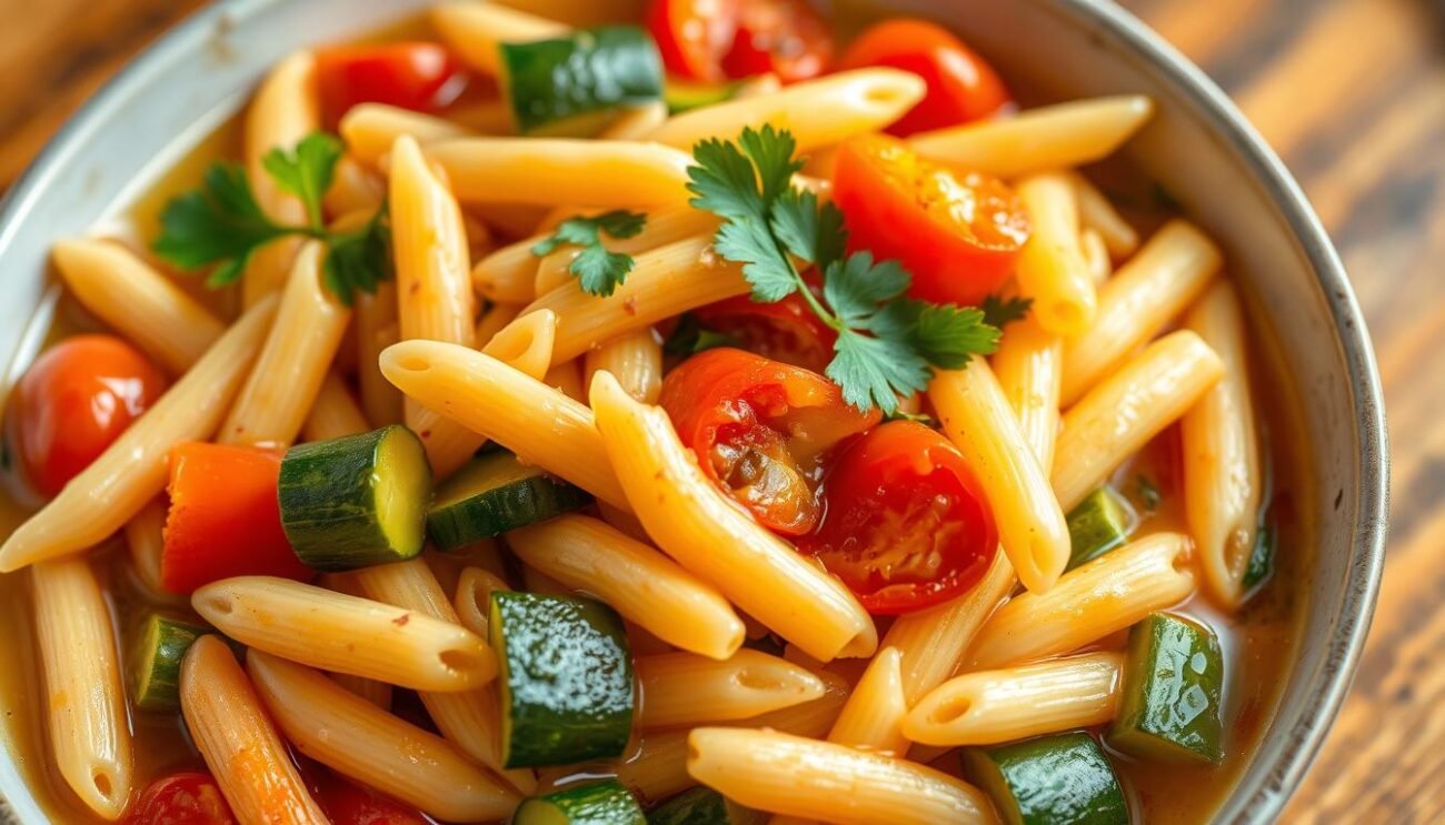 A delightful pasta dish with an array of fresh vegetables, simmered in a light, savory broth. The penne pasta is cooked al dente, blending seamlessly with vibrant zucchini, bell peppers, and cherry tomatoes. Accented by a sprinkle of parsley and a drizzle of olive oil, this low-sodium meal exudes a rustic, Italian charm. The scene is captured in warm, natural lighting, showcasing the dish's vibrant colors and textures. An inviting, homemade atmosphere fills the frame, encouraging a healthy, flavorful dining experience.