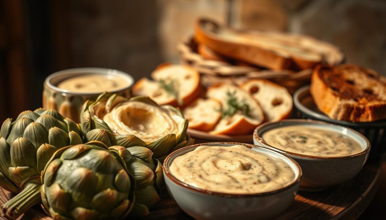A delightful spread of classic Italian fare, capturing the essence of "Abbinamenti per sugo ai carciofi". In the foreground, an array of fresh, vibrant artichokes nestled alongside bowls of creamy, garlicky artichoke sauce. In the middle ground, crusty slices of Italian bread, perfect for dipping and sopping up the flavorful sauce. The background features a subtle, warm-toned setting, evoking the cozy ambiance of an authentic Roman trattoria. Soft, natural lighting illuminates the scene, casting a golden glow and accentuating the rich, earthy tones of the ingredients. The overall composition conveys the comforting and irresistible nature of this classic Italian pairing. A delightful spread of classic Italian fare, capturing the essence of "Abbinamenti per sugo ai carciofi". In the foreground, an array of fresh, vibrant artichokes nestled alongside bowls of creamy, garlicky artichoke sauce. In the middle ground, crusty slices of Italian bread, perfect for dipping and sopping up the flavorful sauce. The background features a subtle, warm-toned setting, evoking the cozy ambiance of an authentic Roman trattoria. Soft, natural lighting illuminates the scene, casting a golden glow and accentuating the rich, earthy tones of the ingredients. The overall composition conveys the comforting and irresistible nature of this classic Italian pairing.