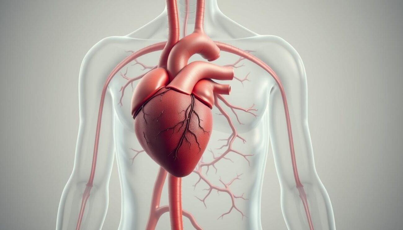 A detailed anatomical illustration of the human circulatory system, focusing on the arteries and the concept of hypertension. The image should depict the heart, major arteries, and blood vessels in a clean, scientific style, with a muted color palette and precise technical rendering. The arteries should be highlighted, with thickened walls and increased pressure visually represented. The background should be a neutral, minimalist setting, allowing the medical details to be the central focus. Utilizes a slightly angled, three-quarter view to showcase the depth and complexity of the vascular network. Lighting should be soft and diffused, creating a sense of clinical objectivity. An authoritative, educational tone that conveys the seriousness and importance of the topic of arterial hypertension.