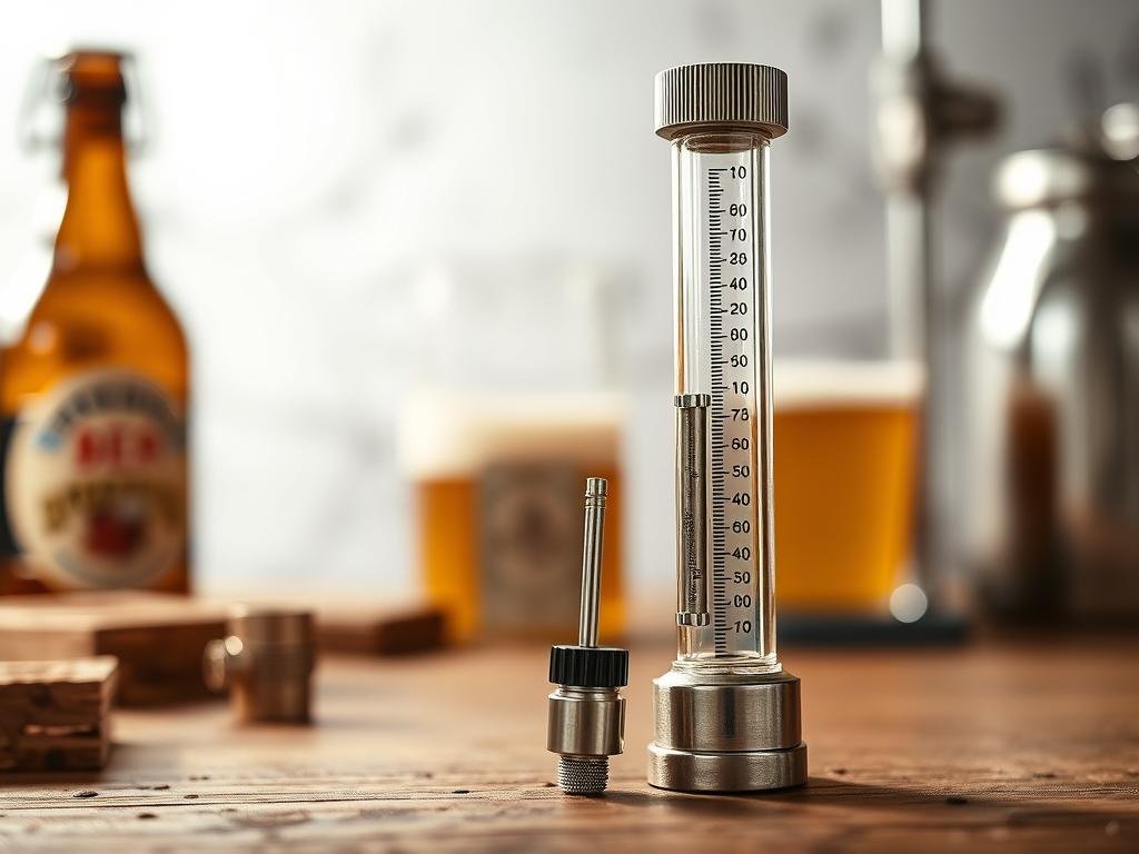 A detailed and high-quality image of a beer hydrometer or densimeter, showcasing its various components and features. The densimeter should be prominently displayed in the foreground, with a clean and well-lit background that evokes a sense of professionalism and expertise. The image should capture the instrument's design, materials, and overall aesthetic, conveying the precision and reliability required for measuring beer density. Incorporate visual elements that are commonly found in Italian beer-related websites, such as warm lighting, wood or rustic textures, and subtle Italian-inspired design accents. The composition should be visually balanced and draw the viewer's attention to the densimeter, highlighting its importance in the beer brewing process.