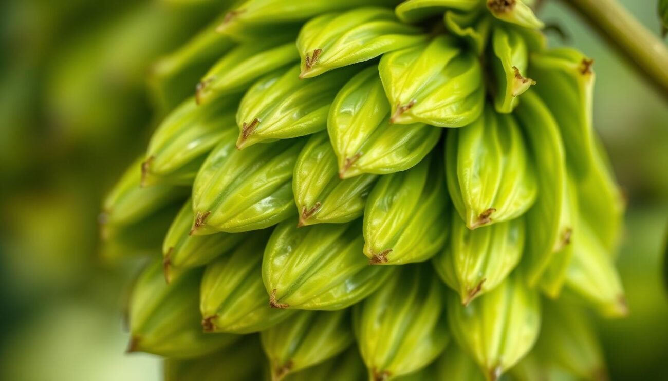 A detailed, close-up illustration of a hop cone, showcasing its intricate aromatic profile. The hop cone is depicted with a crisp, high-resolution focus, capturing the delicate lupulin glands, the intricate layers of overlapping scales, and the vibrant green hues that hint at the complex bouquet of flavors and aromas within. The lighting is soft and diffused, creating a natural, almost ethereal atmosphere that emphasizes the natural beauty and complexity of the hop. The frame is tightly composed, drawing the viewer's attention to the exquisite details of this essential ingredient in craft brewing. This image aims to visually introduce the audience to the captivating world of hop aromas, setting the stage for a deeper exploration of their role in defining the character of India Pale Ales and other classic ale styles.