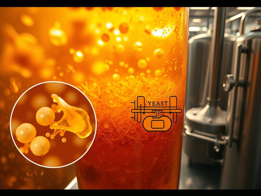 A detailed cross-section of a fermentation vessel, showcasing the intricate role of yeast in the beer-making process. Warm, golden lighting illuminates the swirling currents of the wort, highlighting the active fermentation taking place. In the foreground, a magnified view of yeast cells, their delicate structures and vibrant colors, revealing the complex biochemistry that transforms simple sugars into the flavorful compounds that define the character of the beer. The middle ground features a cutaway view of the vessel, exposing the intricate network of temperature and pressure sensors, meticulously monitoring the fermentation to ensure optimal conditions for the yeast to thrive. In the background, a panoramic vista of a modern brewery, its sleek stainless-steel tanks and gleaming pipework, a testament to the precision and technology that enables the art of brewing. A detailed cross-section of a fermentation vessel, showcasing the intricate role of yeast in the beer-making process. Warm, golden lighting illuminates the swirling currents of the wort, highlighting the active fermentation taking place. In the foreground, a magnified view of yeast cells, their delicate structures and vibrant colors, revealing the complex biochemistry that transforms simple sugars into the flavorful compounds that define the character of the beer. The middle ground features a cutaway view of the vessel, exposing the intricate network of temperature and pressure sensors, meticulously monitoring the fermentation to ensure optimal conditions for the yeast to thrive. In the background, a panoramic vista of a modern brewery, its sleek stainless-steel tanks and gleaming pipework, a testament to the precision and technology that enables the art of brewing.