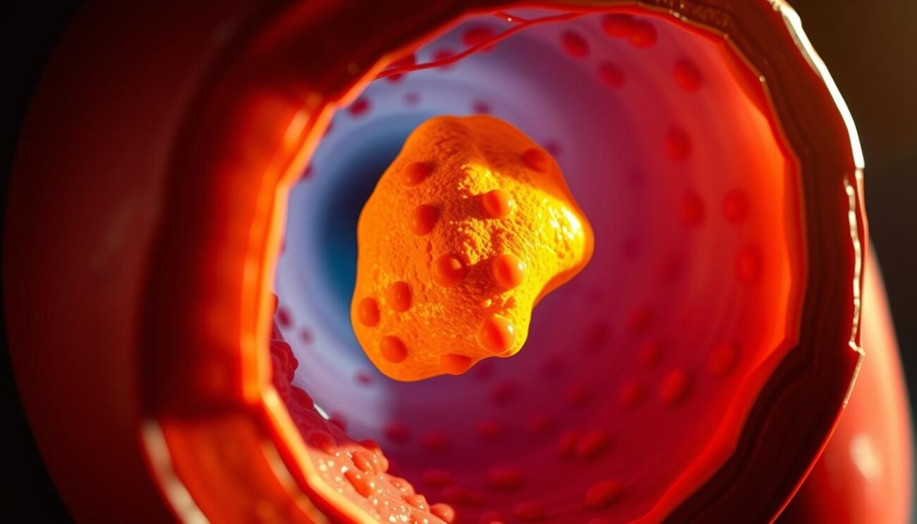 A detailed cross-section of a human cardiovascular system, with a close-up view of a cholesterol plaque buildup within a blood vessel. The plaque is rendered in shades of yellows and browns, contrasting against the red blood cells and the blue-tinted walls of the vessel. The lighting is warm and directional, casting dramatic shadows that accentuate the textural details of the plaque. The composition is centered and balanced, with a depth of field that keeps the plaque in sharp focus while subtly blurring the surrounding anatomy. The overall atmosphere conveys a sense of scientific exploration and medical understanding of this complex biological process.