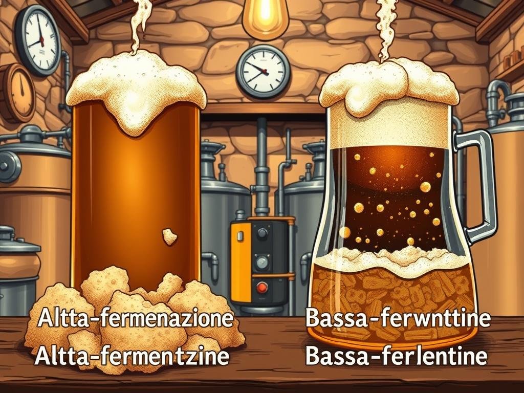 A detailed, high-contrast illustration depicting the two primary stages of beer fermentation: "alta fermentazione" (top-fermenting) and "bassa fermentazione" (bottom-fermenting). Set against a backdrop of a traditional Italian brewpub, the image showcases the distinct characteristics of each process. The foreground features frothing, effervescent yeasts in the act of fermenting, with a central focus on the differences in appearance, temperature, and byproducts. The middle ground depicts fermentation vessels, temperature gauges, and other brewing equipment, while the background evokes the warm, rustic ambiance of an Italian beer hall. Crisp lighting and a slightly vintage aesthetic imbue the scene with an authentic, artisanal feel.