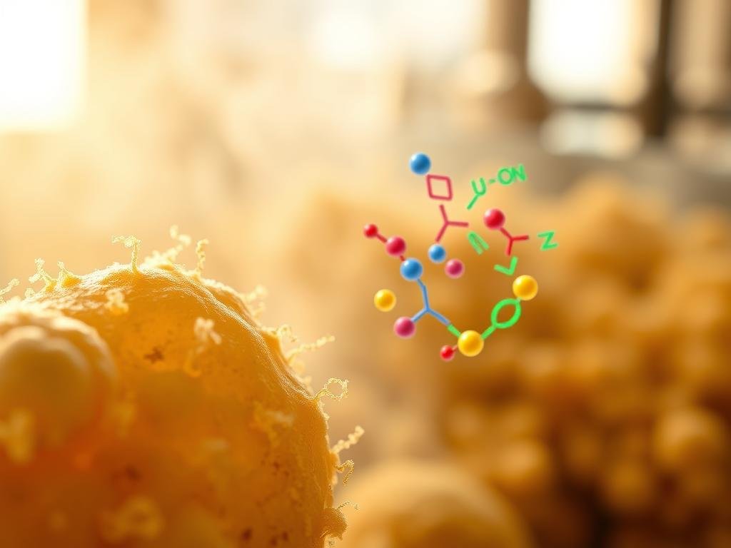A detailed, high-resolution illustration of the fermentation process, showcasing the interaction between yeast and sugar. The foreground depicts a close-up view of yeast cells, their intricate structures and internal mechanisms visible. The middle ground highlights the enzymatic breakdown of sugar molecules, with colorful visualizations of the metabolic pathways. The background features a soft, hazy blur, evoking the controlled environment of a traditional brewhouse. The lighting is warm and natural, emphasizing the artisanal nature of the process. The overall composition conveys a sense of scientific precision and the complexity of the beer fermentation, aligning with the "Fattori Chiave e Variabili nella Produzione Artigianale" section.