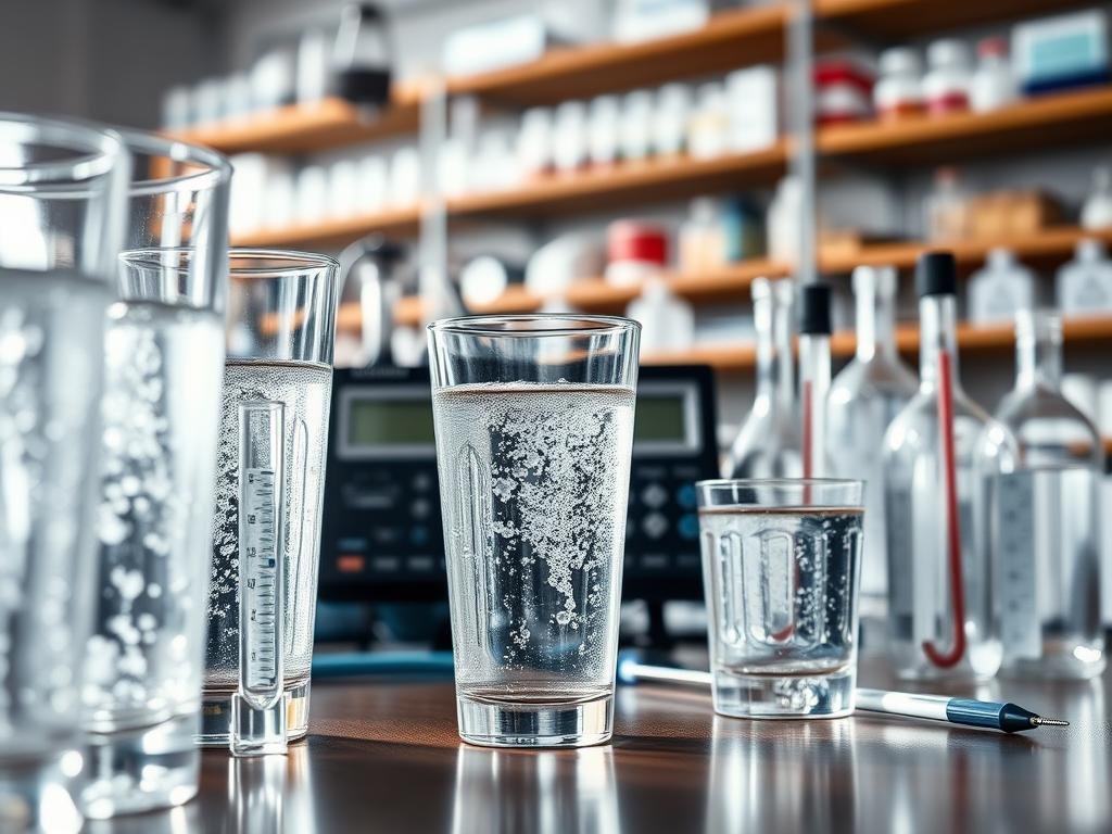 A detailed, high-resolution image of the chemical and physical characteristics of water used in beer production. The foreground depicts various glassware filled with clear, sparkling liquid, representing the water itself. The middle ground showcases scientific instruments and equipment used to analyze the water's properties, such as pH meters, thermometers, and conductivity probes. The background features a blurred, out-of-focus scientific laboratory setting, with shelves of chemicals and lab equipment. The lighting is soft and diffused, creating a serene, academic atmosphere. The overall composition conveys the importance of understanding the water's composition in ensuring the quality and taste of the final beer product.