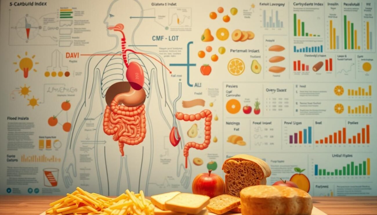 A detailed illustration depicting the intricate process of carbohydrate management for individuals with diabetes. The foreground features a clear anatomical diagram of the human digestive system, highlighting the key organs and pathways involved in glucose regulation. The middle ground showcases various food items, including pasta, bread, and fruits, each with their respective glycemic index values displayed. The background subtly blends scientific schematics, charts, and graphs to provide a comprehensive understanding of the complex relationship between carbohydrates, insulin, and blood sugar levels. The lighting is soft and warm, creating a welcoming and educational atmosphere, while the camera angle offers a balanced and informative perspective. The overall composition aims to convey the importance of understanding carbohydrate intake and management for individuals living with diabetes.