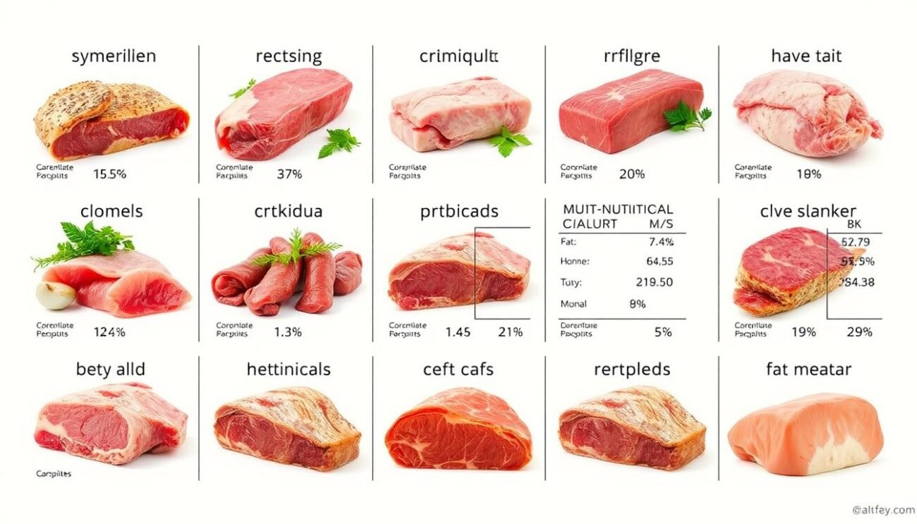 A detailed image of nutritional values for various types of meat, presented in a clean and informative layout. The composition features a grid-like arrangement of high-quality, close-up photographs showcasing different cuts of meat, highlighting their key nutritional properties such as protein, fat, and mineral content. The background is a soft, neutral tone to keep the focus on the meat visuals. The lighting is natural and evenly distributed, capturing the textures and colors of the meat with clarity and precision. The overall mood is one of educational authority, providing the viewer with a comprehensive visual guide to understanding the nutritional profile of various meat options.