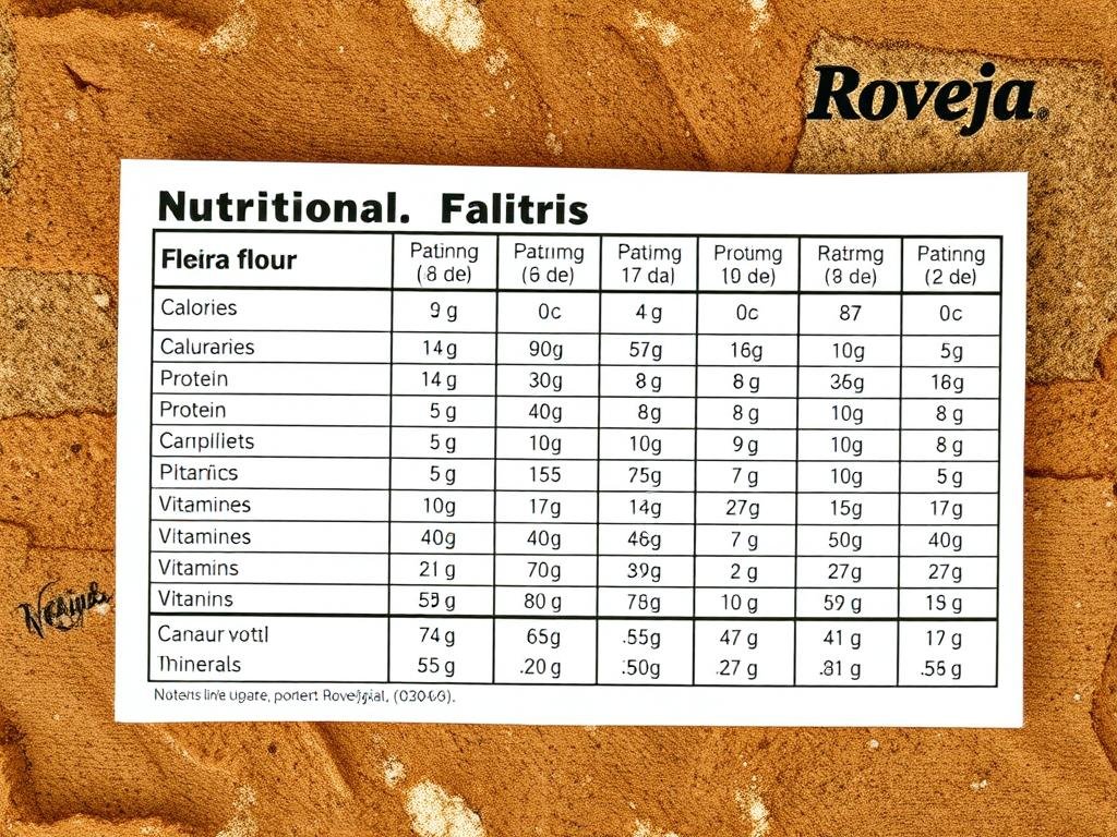 A detailed nutritional information table displaying the nutritional values of Roveja flour. The table is presented against a rustic, earthy background with natural textures and tones, such as wood or stone, to create a warm, authentic atmosphere. The table features clear, legible text highlighting the key nutritional facts, including calories, carbohydrates, protein, fiber, vitamins, and minerals. The overall composition conveys a sense of wholesome, artisanal quality, reflecting the traditional and local nature of Roveja flour production. The lighting is soft and natural, emphasizing the natural, unprocessed character of the flour.