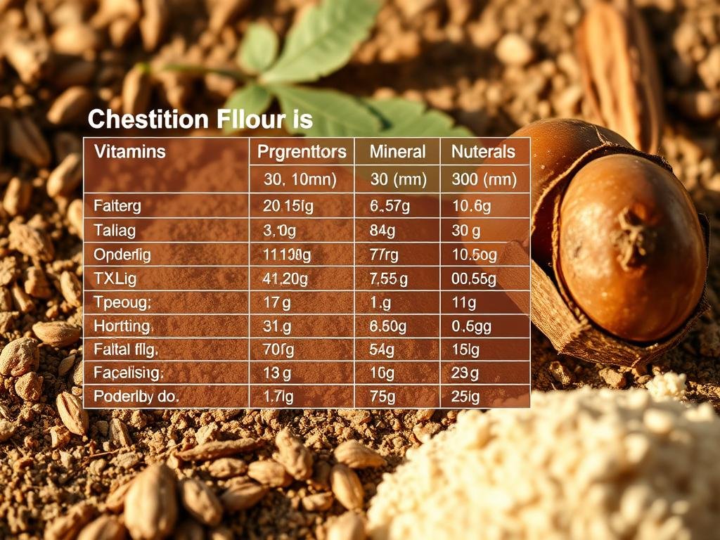 A detailed nutritional table showcasing the key vitamins, minerals, and macronutrients found in chestnut flour. The table is presented on a natural, earthy backdrop, with subtle lighting casting warm, golden tones. The composition highlights the flour's connection to the surrounding landscape, emphasizing its artisanal and wholesome qualities. The overall mood is one of authenticity, health, and Italian culinary heritage.