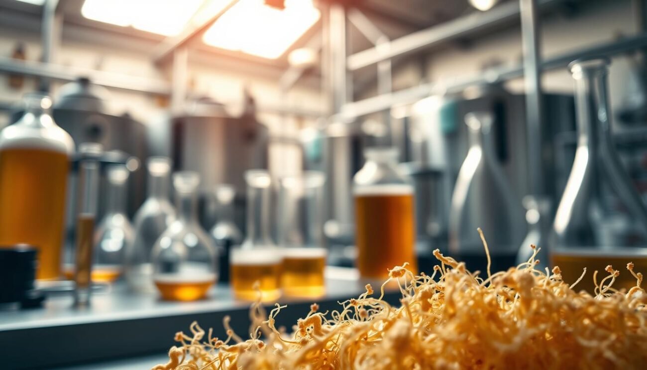 A detailed overview of the technical parameters of brewer's yeast, captured in a visually striking photograph. In the foreground, a close-up view of the yeast cells, their intricate structures rendered with precision. The middle ground features a collection of scientific instruments and glassware, conveying the experimental nature of the subject. In the background, a blurred, out-of-focus view of a modern brewery, hinting at the broader context of beer production. Soft, diffused lighting illuminates the scene, creating a sense of depth and atmosphere. The overall mood is one of scientific inquiry and technical mastery, reflecting the importance of yeast in the creation of diverse beer styles. A detailed overview of the technical parameters of brewer's yeast, captured in a visually striking photograph. In the foreground, a close-up view of the yeast cells, their intricate structures rendered with precision. The middle ground features a collection of scientific instruments and glassware, conveying the experimental nature of the subject. In the background, a blurred, out-of-focus view of a modern brewery, hinting at the broader context of beer production. Soft, diffused lighting illuminates the scene, creating a sense of depth and atmosphere. The overall mood is one of scientific inquiry and technical mastery, reflecting the importance of yeast in the creation of diverse beer styles.