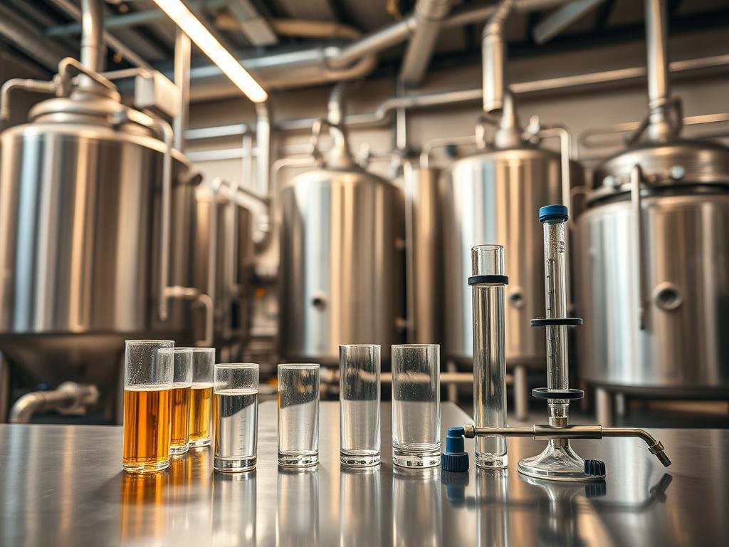 A detailed scene showcasing the clarification techniques for beer production. In the foreground, an array of laboratory equipment, including test tubes, beakers, and a refractometer, stands on a clean, stainless steel surface. The middle ground features a modern, well-equipped brewery, with gleaming stainless steel fermentation tanks and a complex network of pipes and valves. In the background, a warm, soft-lit environment, with a sense of focus and precision, highlighting the importance of the technical aspects of beer clarification. The lighting is balanced, with a mix of natural and artificial sources, casting subtle shadows and highlights on the various elements. The overall mood is one of professionalism, attention to detail, and a deep understanding of the science behind the art of brewing. A detailed scene showcasing the clarification techniques for beer production. In the foreground, an array of laboratory equipment, including test tubes, beakers, and a refractometer, stands on a clean, stainless steel surface. The middle ground features a modern, well-equipped brewery, with gleaming stainless steel fermentation tanks and a complex network of pipes and valves. In the background, a warm, soft-lit environment, with a sense of focus and precision, highlighting the importance of the technical aspects of beer clarification. The lighting is balanced, with a mix of natural and artificial sources, casting subtle shadows and highlights on the various elements. The overall mood is one of professionalism, attention to detail, and a deep understanding of the science behind the art of brewing.